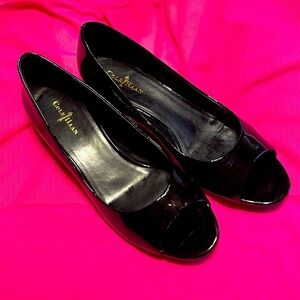 Cole Hahn patent leather peep toe low heel wedge